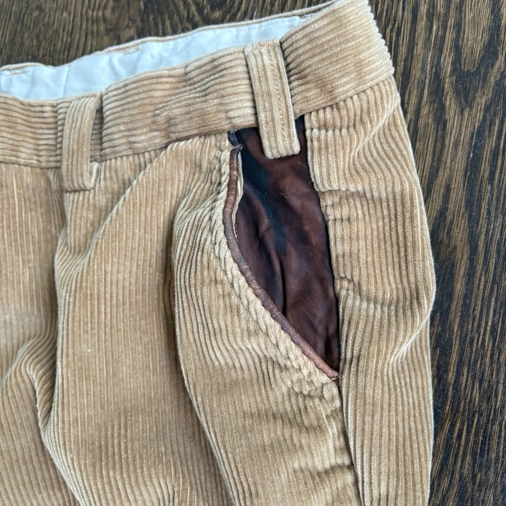 Vtg Orvis Leather Trim Corduroy Pants Mens 38x29 Tan Wide Wale Straight Trousers
